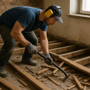 Демонтаж деревянного пола, лаги