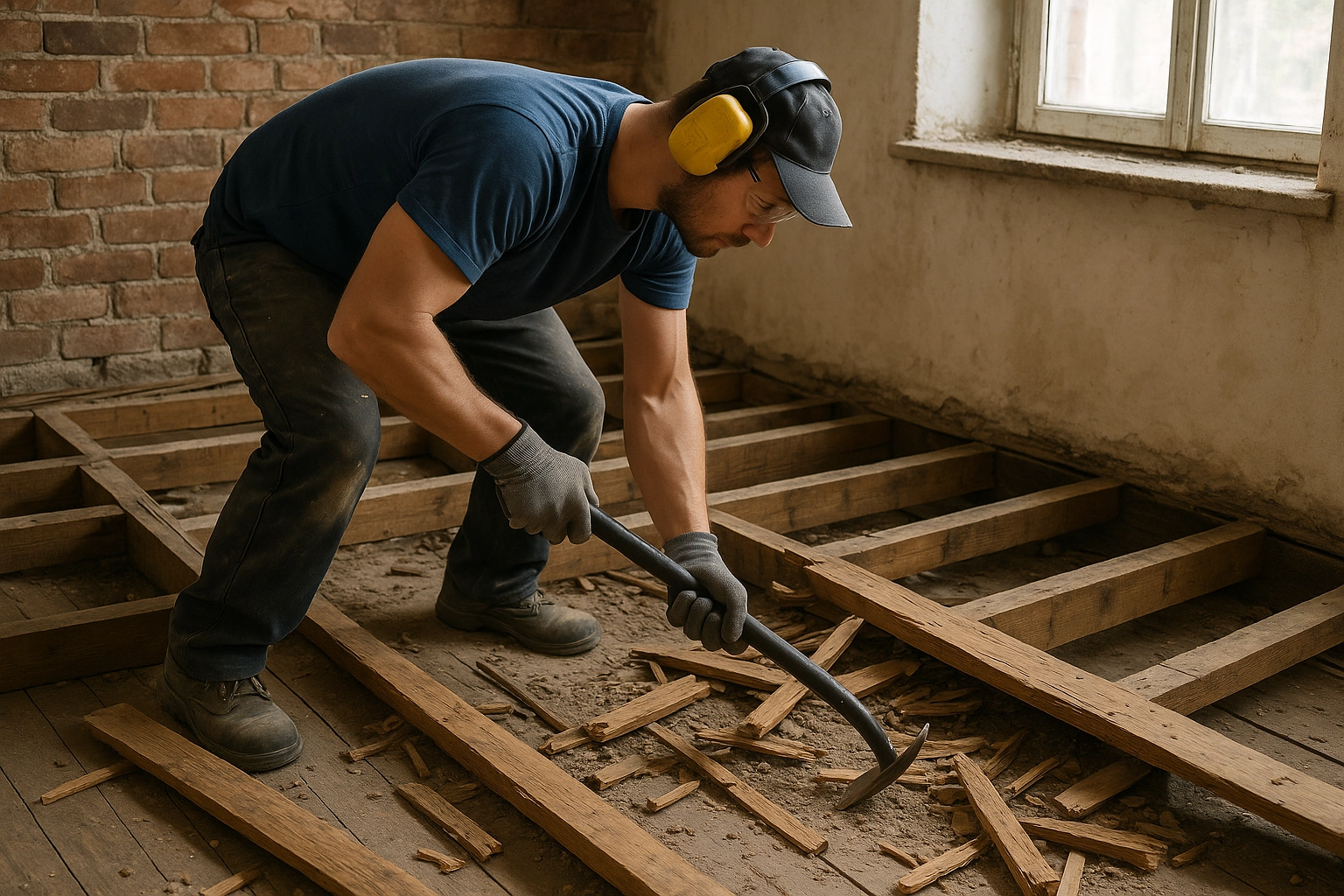 Демонтаж деревянного пола, лаги