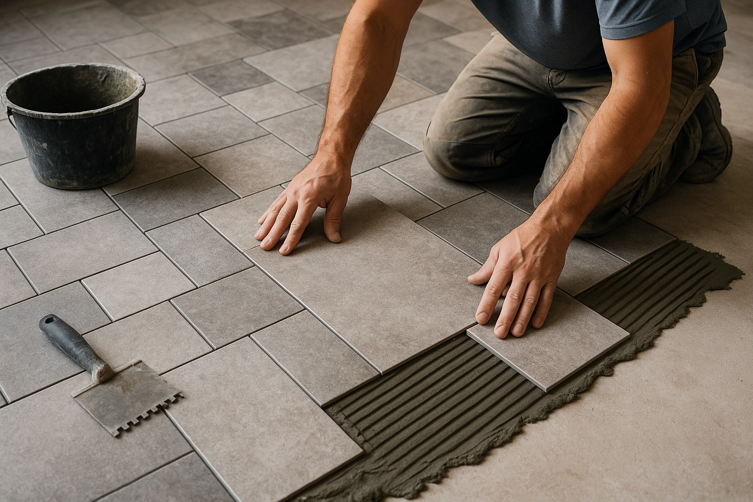 Фигурная кладка напольной плитки разного размера