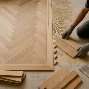 Кладка штучного паркета елочкой с фризами