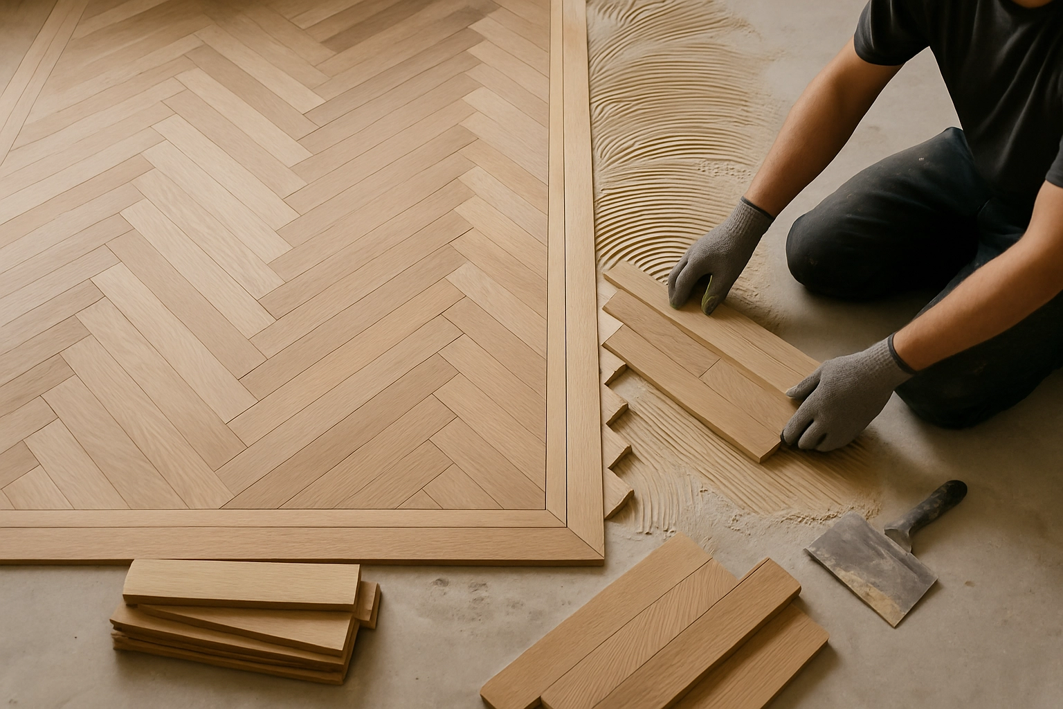 Кладка штучного паркета елочкой с фризами