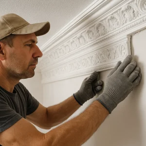 Монтаж потолочного плинтуса из лепнины