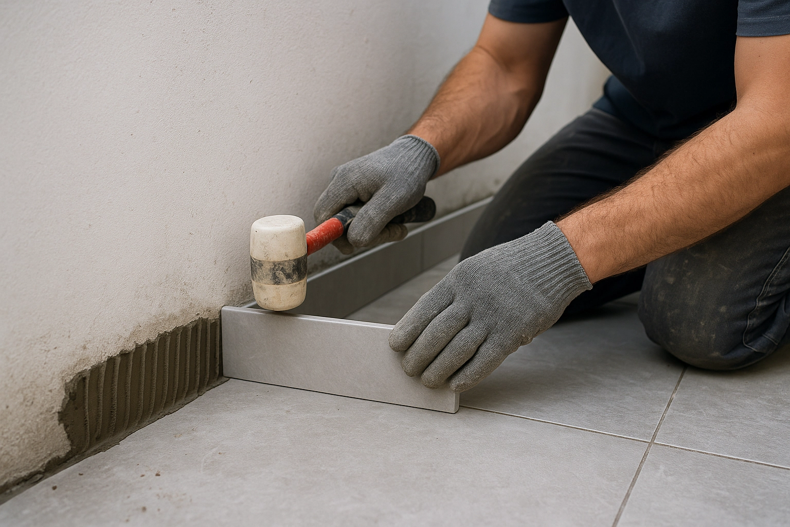 Укладка бордюра, плиточного плинтуса