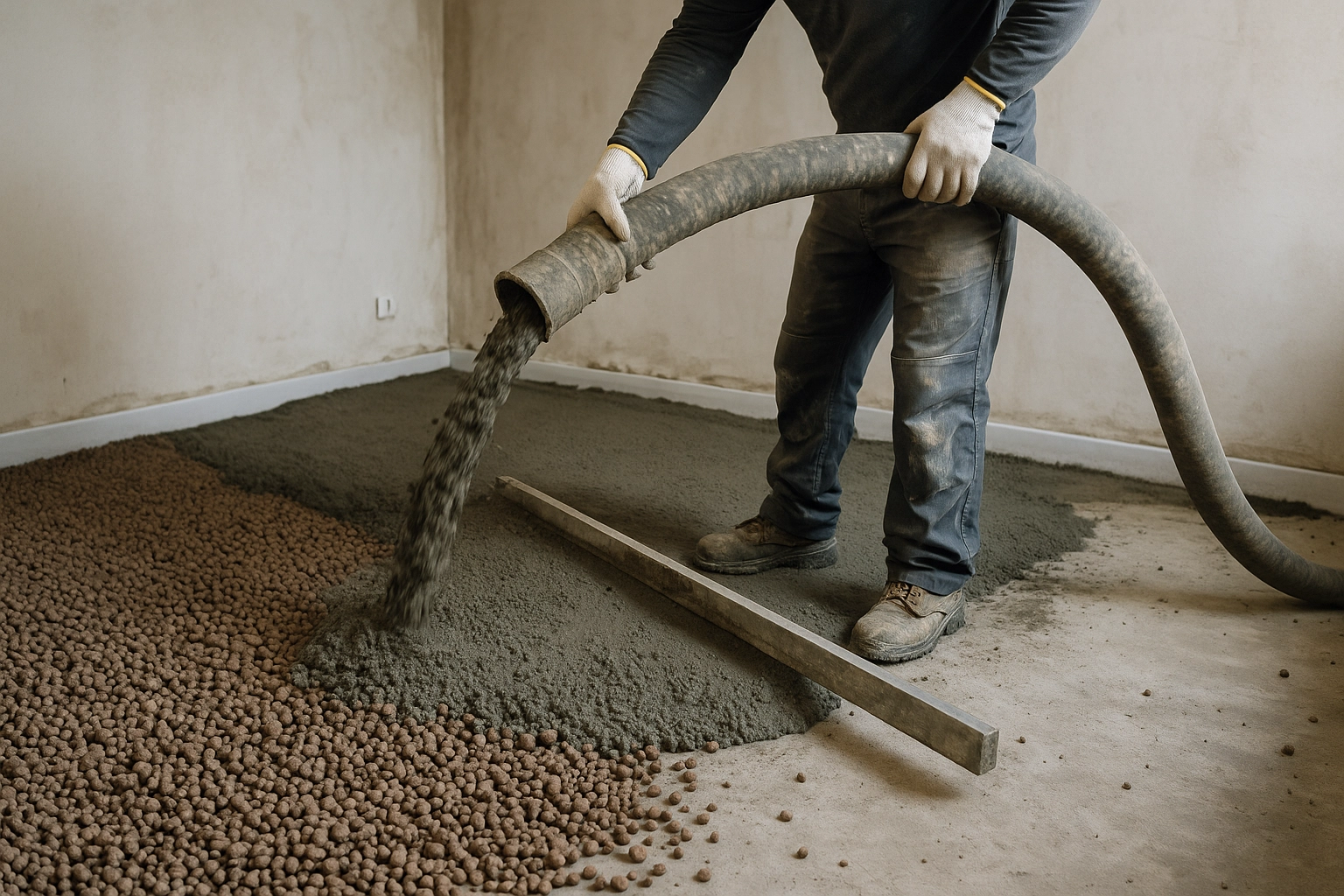 Устройство теплозвукоизолирующей цементно-песочной стяжки с добавлением керамзита (5-10 см) 1 Устройство теплозвукоизолирующей цементно-песочной стяжки с добавлением керамзита (5-10 см)