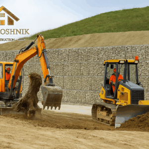 • земляные работы: удаление пней, выравнивание поверхности, организация искусственных насыпей устройство габионов